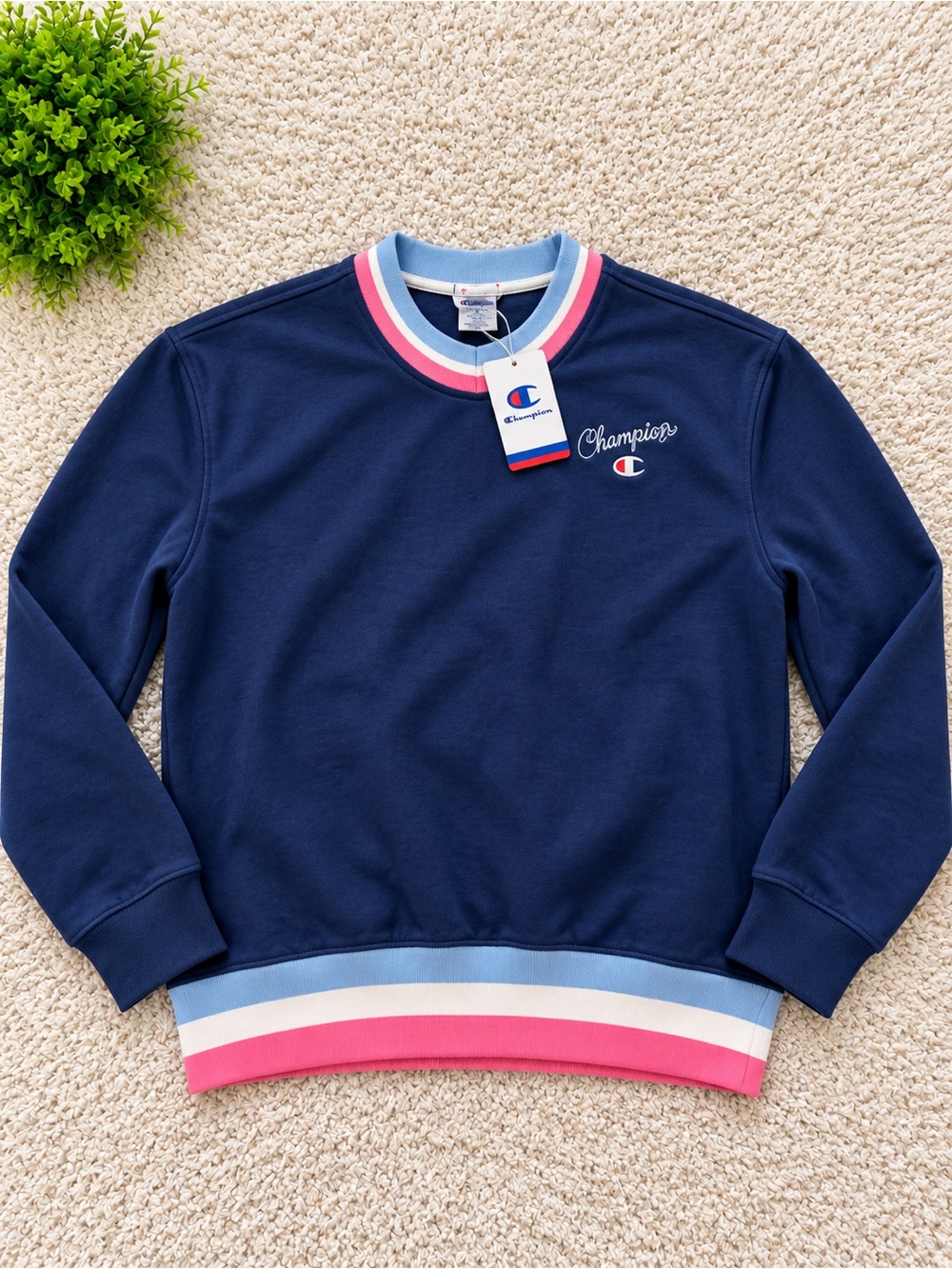 Champion Navy Crewneck Sweatshirt with Pink & Light Blue Trim